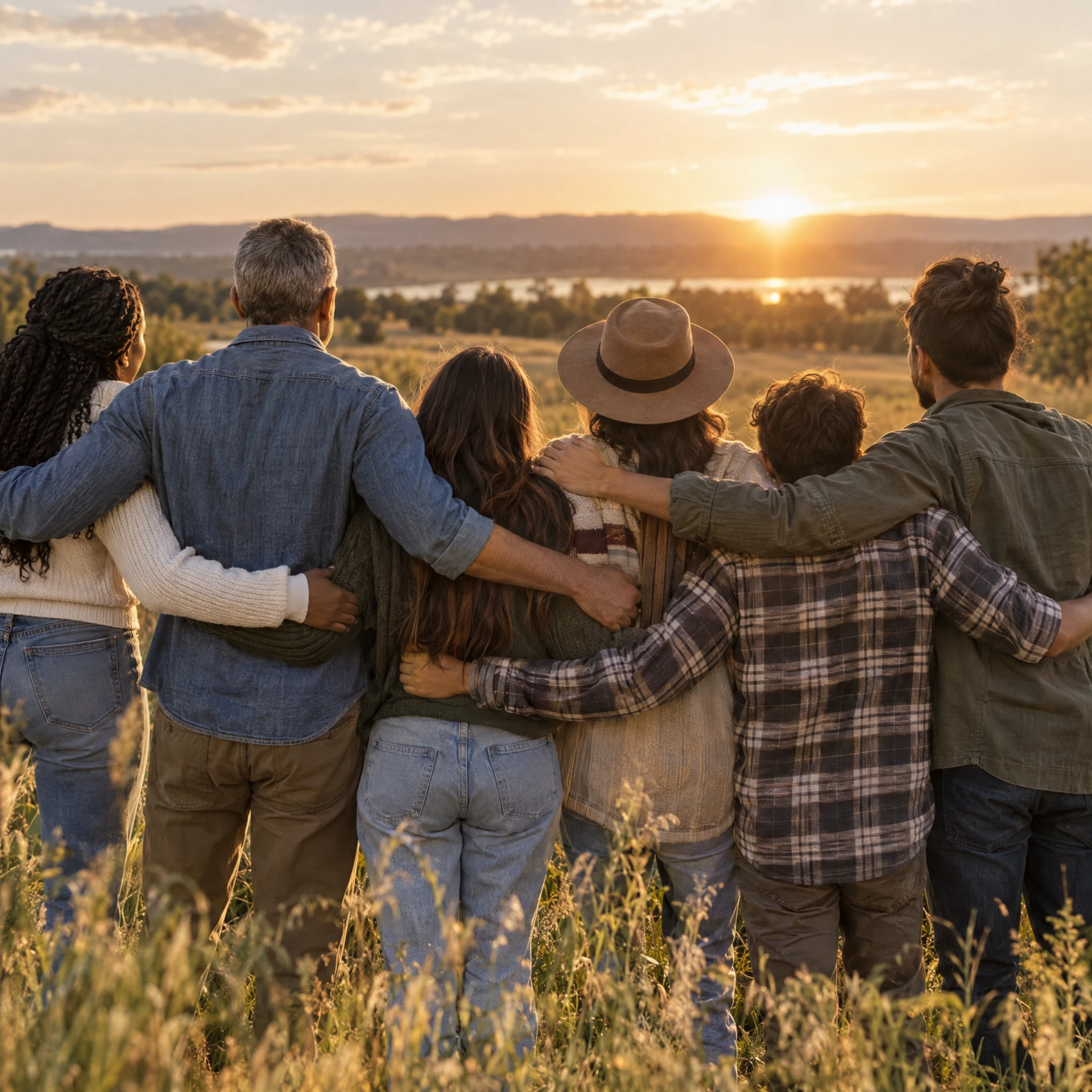People standing together at sunset